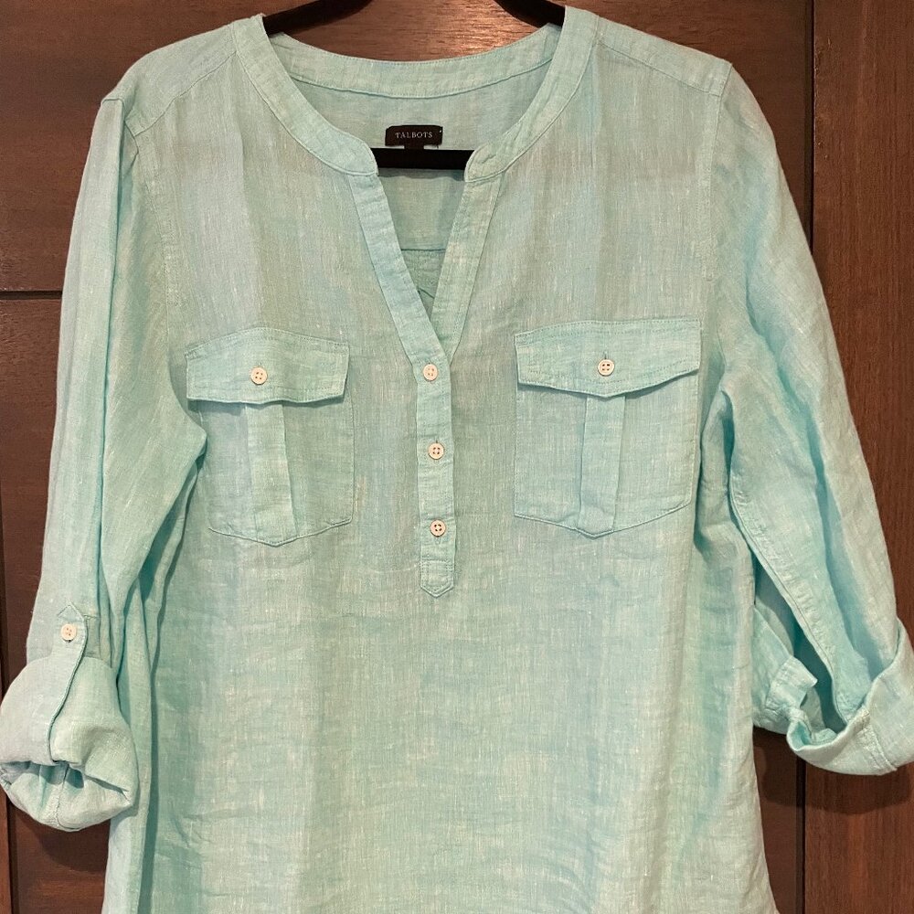 Light Green Linen Band Collar Pop Over Shirt